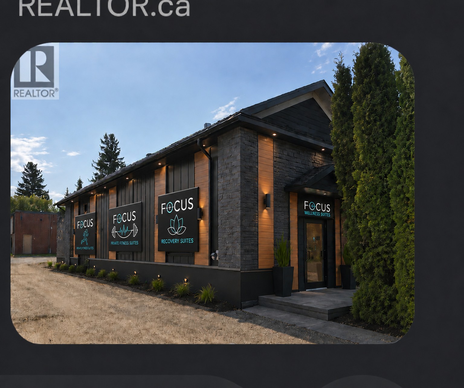 Exterior design inspiration showing wood, charcoal finishes, lighting and 360 FOCUS branding; not the final building plan
