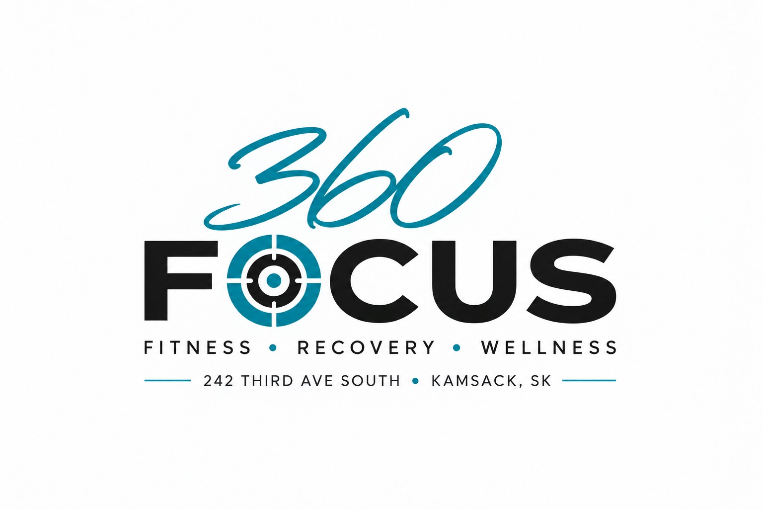 360 FOCUS logo: teal handwritten 360 above black FOCUS with teal bullseye O, Fitness • Recovery • Wellness, 242 Third Ave South, Kamsack, SK